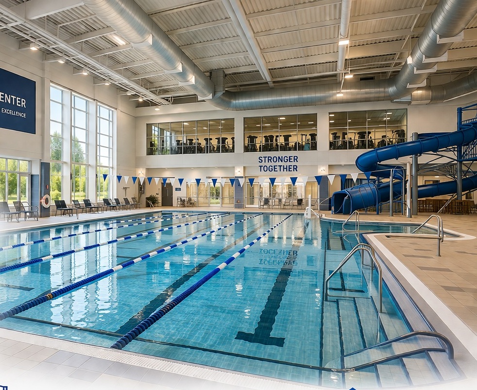 Commercial indoor aquatic center using DXair pool room dehumidification systems