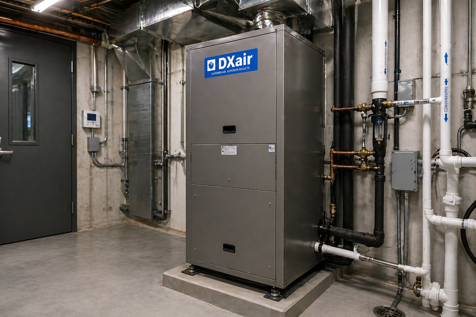 DXair pool room dehumidification systems installed in a commercial mechanical room