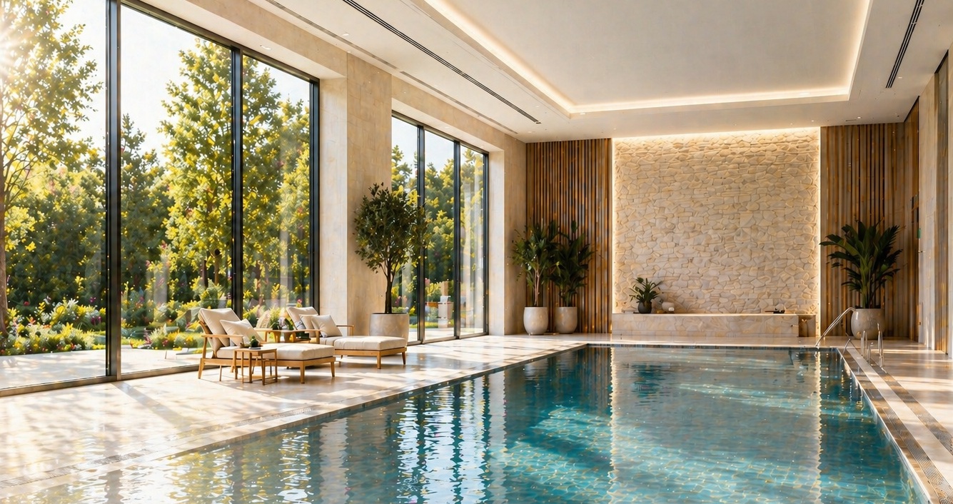 Indoor pool room with DXair pool room dehumidification systems and humidity control
